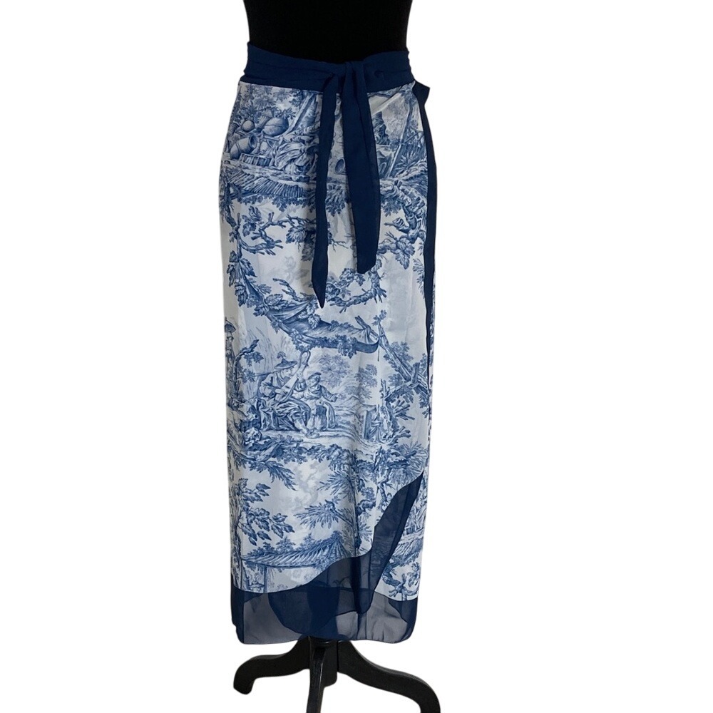 Swim Resort Bathing Suit Cover Maxi Skirt‎ Blue White Toile Print One Size Wrap